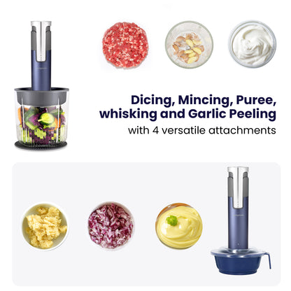 GatChopper, 4-in-1 Food Processor for Ingredient Preparation, Rechargeable, 4-Cup, Meat Grinder, Veggie Chopper, Garlic Peeler, Egg Whisk