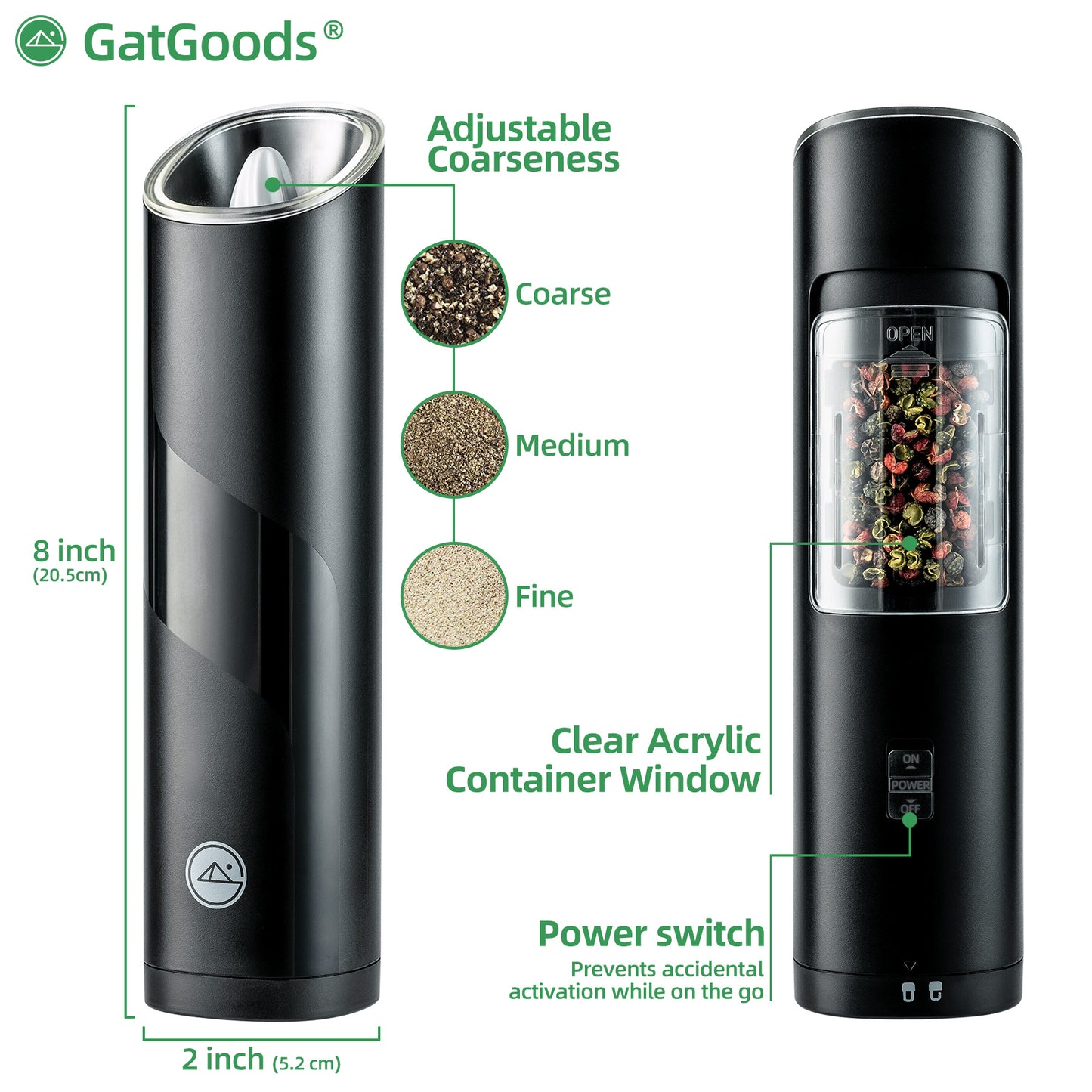 GatGrinder, Black & White, Gravity Automatic Salt and Pepper Grinder Set